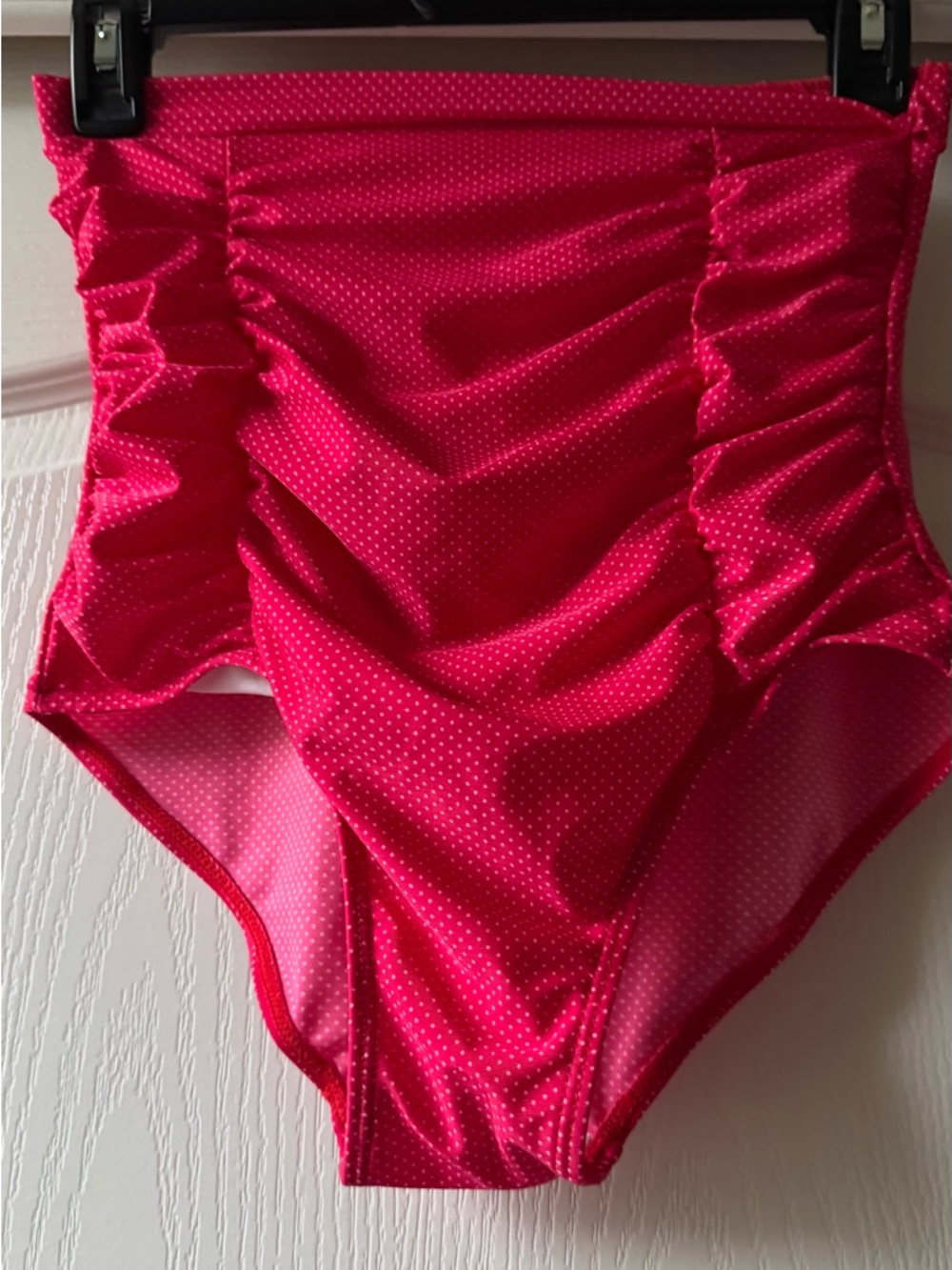 High-Waist Ruched Bikini Bottoms - Hot Pink with White Micro Dots